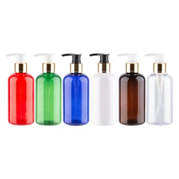 

220ml Gold Pump Cosmetic Refillable Plastic Containers PET Bottles With Dispenser For Shampoo Personalized Lotion Containers