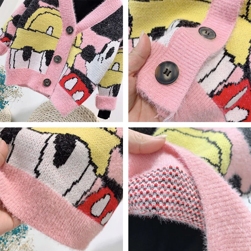 Детский Теплый зимний свитер для девочек хлопковый кардиган с v-образным вырезом Топы с длинными рукавами и рисунком Микки Мауса для девочек 4, 6, 8, 10 лет