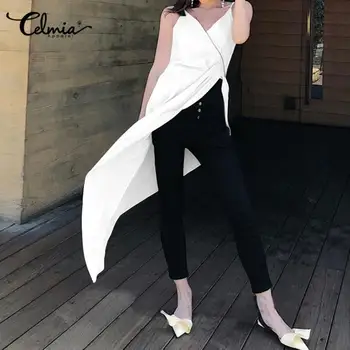 

Women Blouses 2020 Stylish Solid Asymmetrical Fashion Sleeveless OL Tops Casual Sexy V-Neck Pleated Shirt Ladies Elegant Blusas
