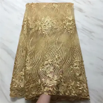 

gold african lace fabric 2020 high quality lace french tulle mesh fabric with beaded nigerian swiss lace fabrics for dress