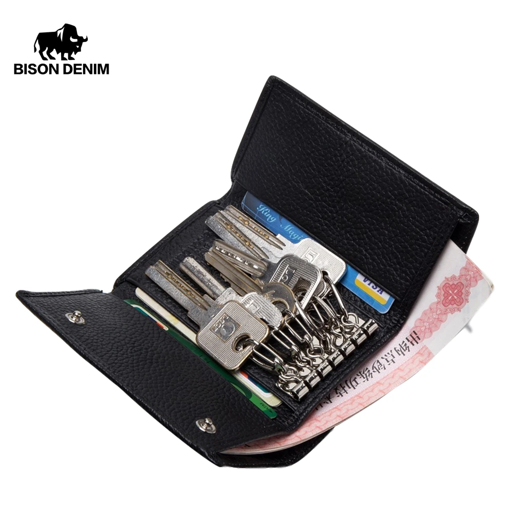 

BISON DENIM Genuine Leather Men Wallets Leather Wallet with Keychain Money Bag Credit Card Holders Button Purse for Mem N9319-1B