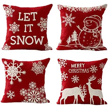 

4 Pack, Happy Winter Red Snowflake Let It Snow Snowman Christmas Tree Animal Elk Merry Linen Square Throw Waist Pillow Case Deco