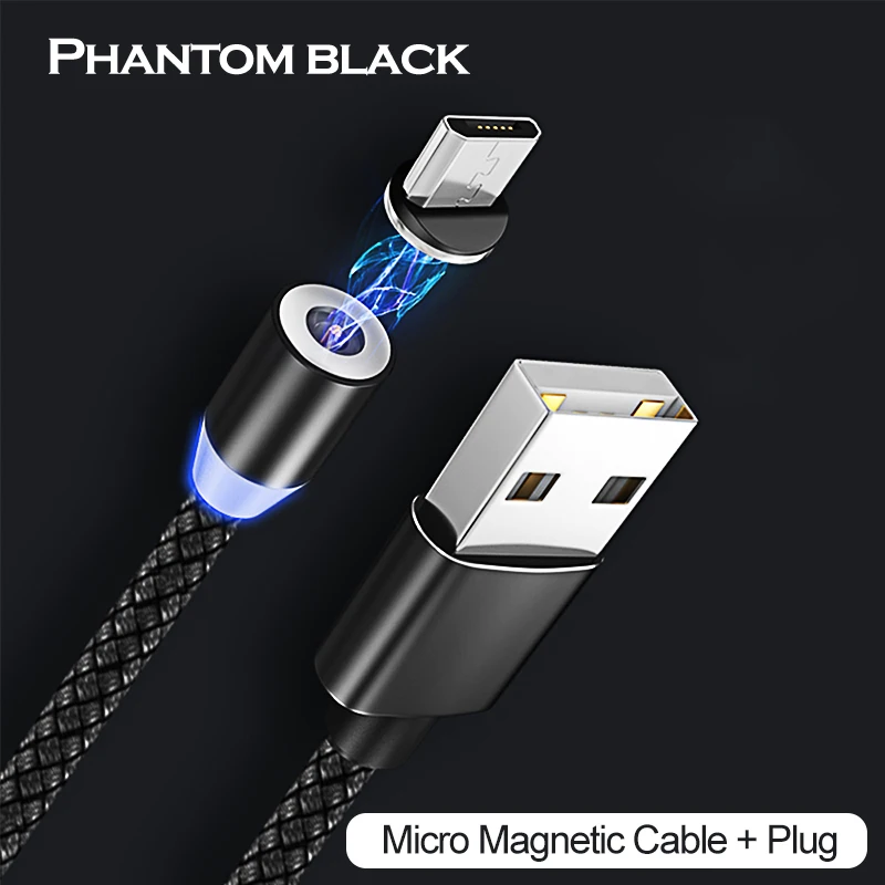 Магнитный usb-кабель для быстрой зарядки USB type C, магнитный светодиодный кабель для зарядки 1 м 2 м, кабель Micro usb для мобильного телефона, usb-кабель - Цвет: Black For Micro