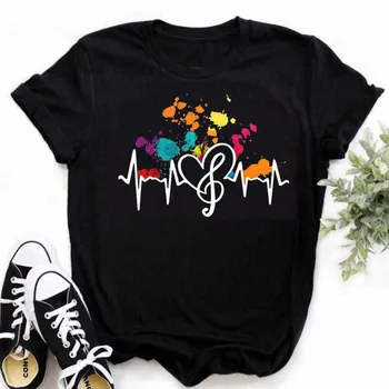 New Harajuku Funny Music Note Art T Shirt Fashion Women T Shirt Music Tops Short Sleeves Black T-shirt Ladies Casual Tees Top 1