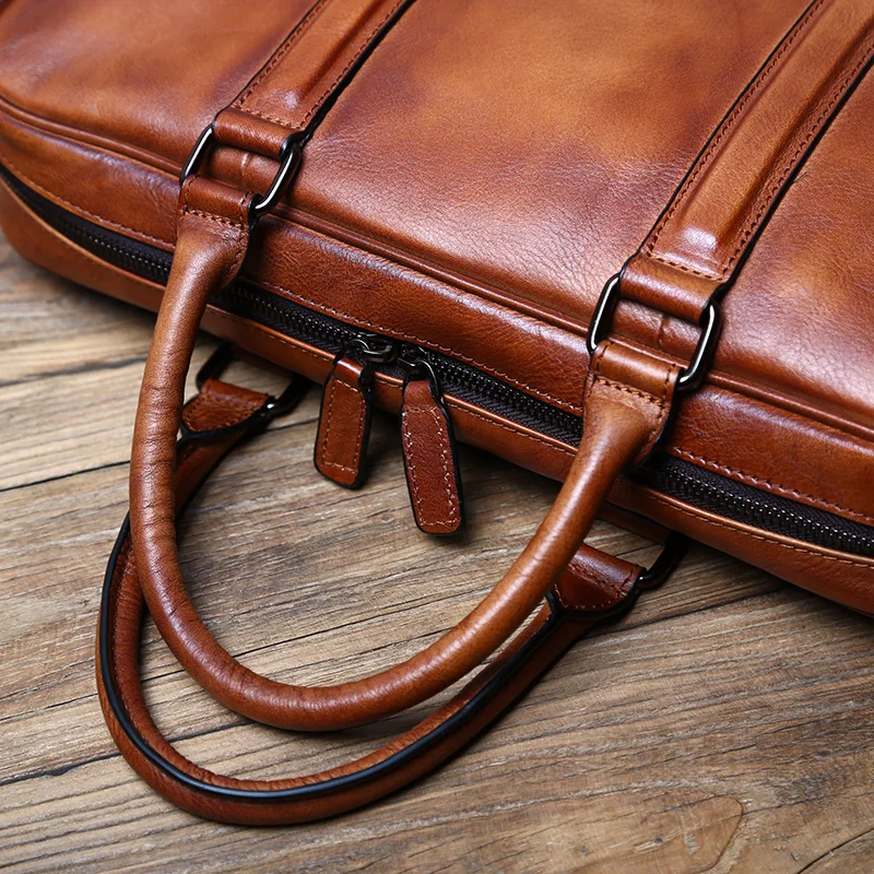NZPJ Retro Handmade Leather Men's Handbag Top Layer Cowhide Briefcase Vegetable Tanned Leather Horizontal Business Computer Bag