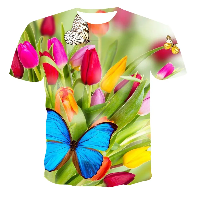 Plant flower T-shirt 3D printing tulip pattern short-sleeved unisex summer top children O-neck hip-hop sports multi-size | Мужская