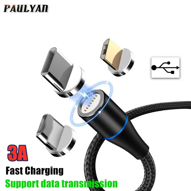 PAULYAN 3A Быстрая зарядка Магнитный USB кабель зарядное устройство 1 м Micro Usb кабель для передачи данных для iphone 7 samsung S8 huawei Xiaomi mi9 USB type c