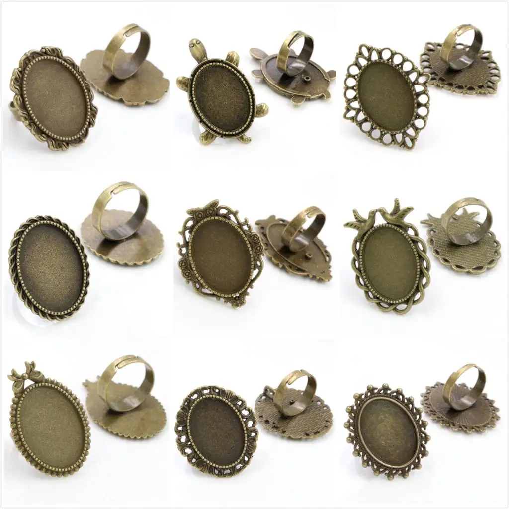 18x25mm 5 pièces Antique argent Bronze plaqué Styles mixtes ovale réglable anneau paramètres blanc/Base, ajustement ovale 18*25mm Cabochons en verre