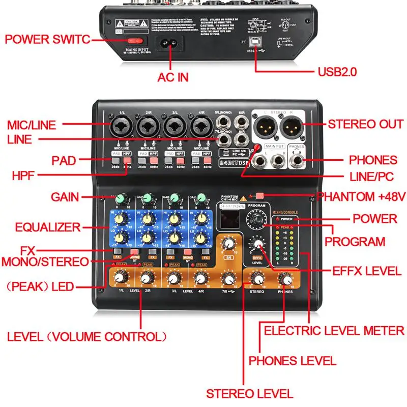 BESTProfessional 8 каналов аудио микшерный пульт Мини USB цифровой DJ микшер с PAD переключатели DSP эффект для караоке PC встречи(U