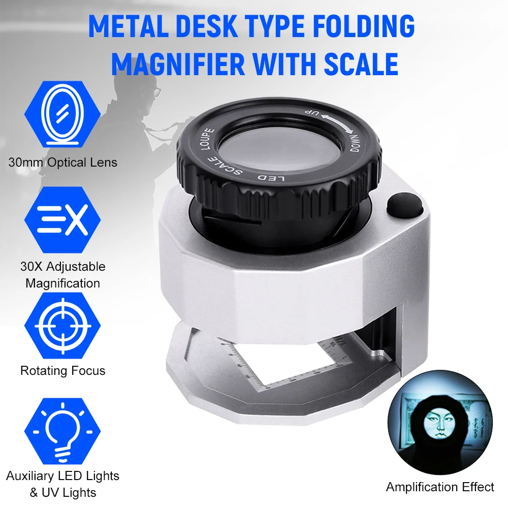 

LED Scale Loupe 30X Folding Magnifier Table Type Mirror with Scale Reading Mirror Jewelry Magnifier with 3 LED Lights 3 UV Light
