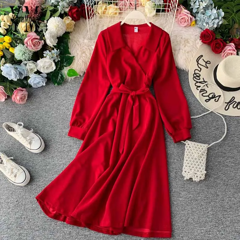 Jornmona/осеннее модное женское элегантное платье-рубашка с v-образным вырезом одежда для работы галстук-бабочка с поясом ТРАПЕЦИЕВИДНОЕ длинное женское офисное платье - Цвет: Красный