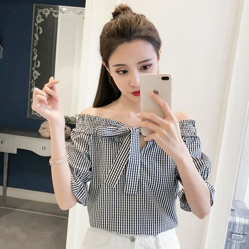 

COIGARSAM Plaid blouse women New Summer Short Sleeve Loose Bow blusas womens tops and blouses Black 9200