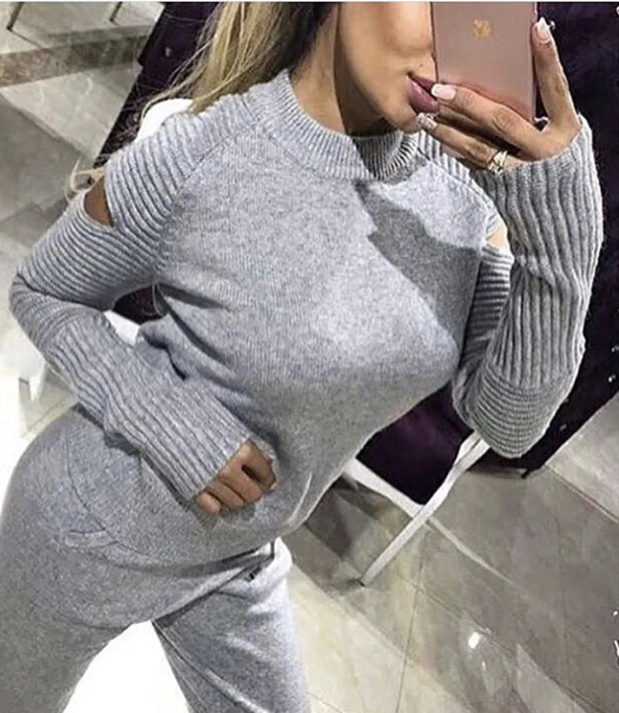 

Autumn and Winter 2019 Tracksuit Women 2 Piece Set Sweater Knitted Off-Shoulder Sweaters and Pants Sets Two Piece Track Suits
