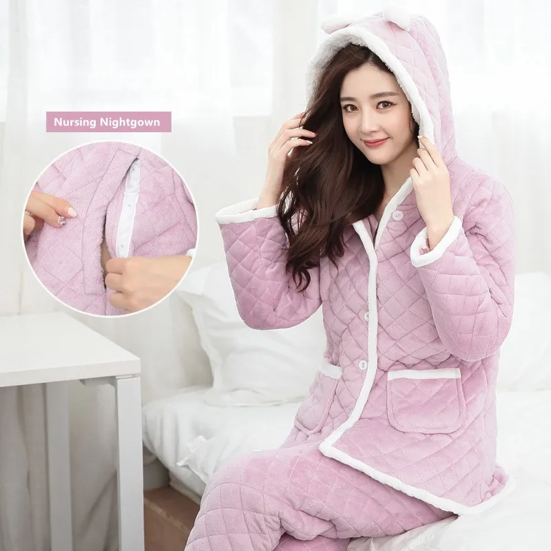 Одежда для сна для беременных; корейский осенне-зимний утолщенный фланелевый кардиган; одежда для грудного вскармливания; Пижамный костюм для беременных