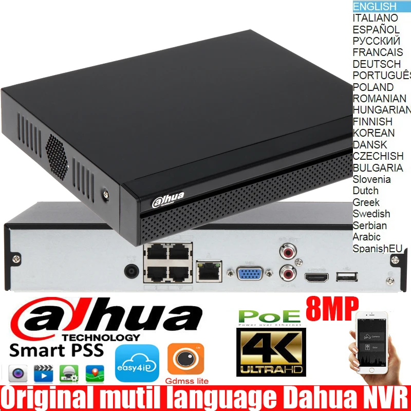  Mutila language Dahua NVR2104HS-P-4ks2 4CH POE 1080P Max support 8Mp resolution Network video recor