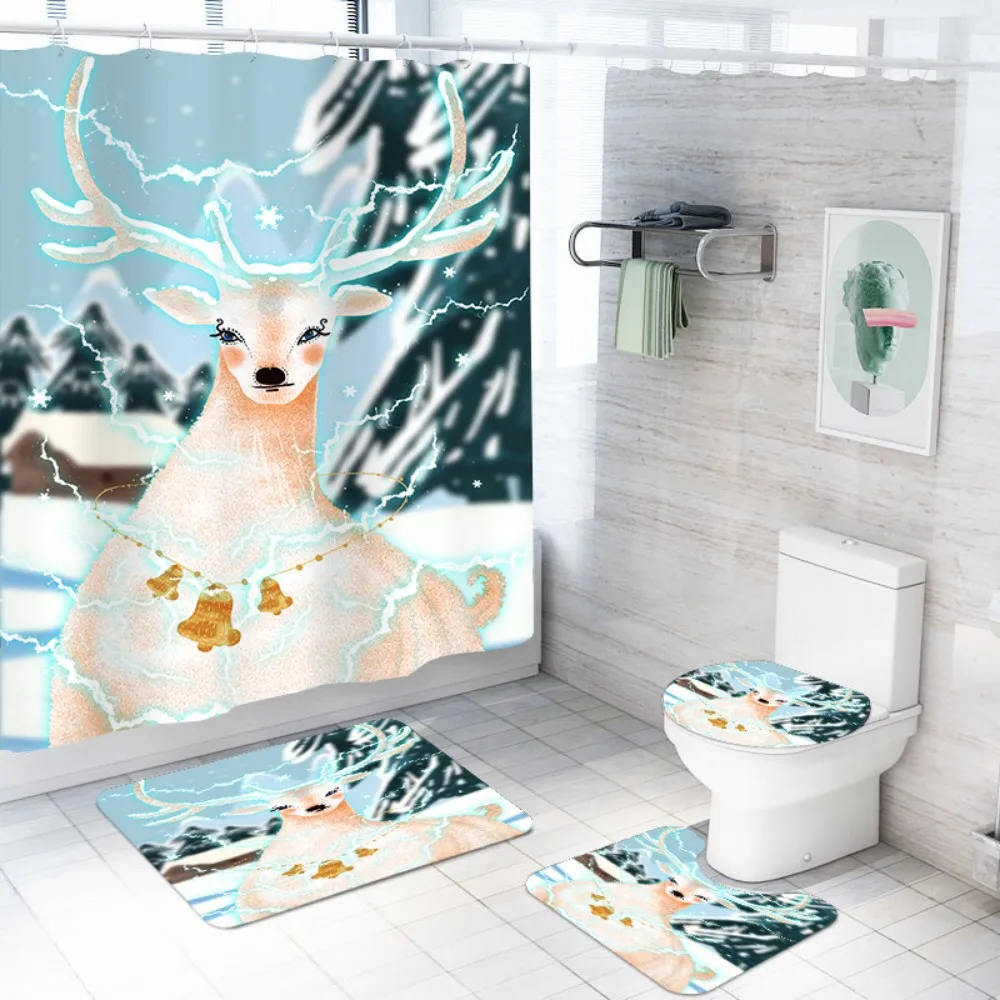 

Elk Animals Print Polyester Waterproof Bath Curtains 4pcs for Home White Snow Bathroom Mats Toilet Lid Cover U shape Rugs