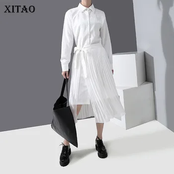 

XITAO British Style Removable Pleated Dresses Fashion New Single-breasted Women Dress Long Sleeve Two Piece Set Clothes DMY2897