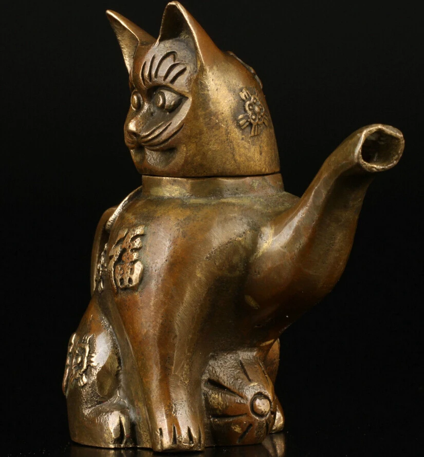 602+Asian Superb Collectible Old Handmade Casting Brass Cat Statues Teapot