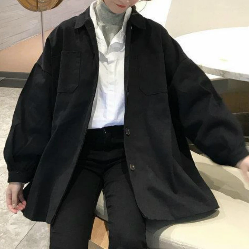 

Basic Jackets Women New Oversize Spring Harajuku Retro Loose All-match Leisure Ulzzang Female Jacket Solid Chic Button Outerwear
