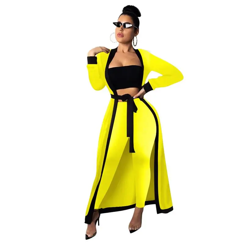 Street Wear 3 Piece Set For Women Black Strapless Crop Top And Long Sleeve X-long Cardigan And Pencil Pants With Sash TE3847G
