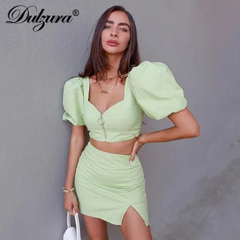 

Dulzura puff sleeve women two piece set crop top mini skirt slit bodycon sexy 2020 summer clothes co ord elegant party outfit