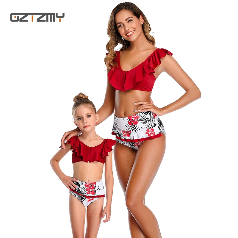 

Ruffled Parent-child Bikini 2020 New High Waist Swimwear Women Printing Sexy Swimsuit Backless Summer Beach Bathing Suit Biquini