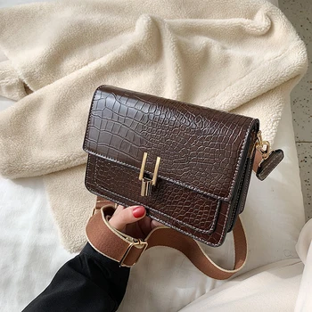 

Vintage Designer Alligator Bags Famous Brand Women Wide Shoulder Crossbody Bags 2019 Female Leather Croco Hand Bags Bolsos Brown