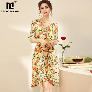 

100% Silk Women's Dresses V Neck Half Sleeves Ruffles Printed Sash Belt Fashion Casual Short Summer Dresses