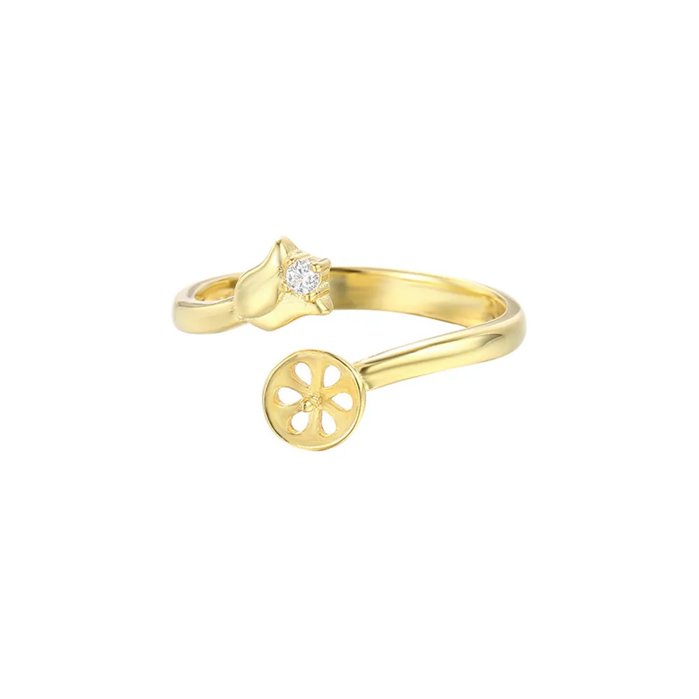 Ring Blank for 6mm-8mm Round Beads or Pearls Gold Plated 925 Silver Zircon Ring Setting Adjustable Flower Shape Ring Base SR0119