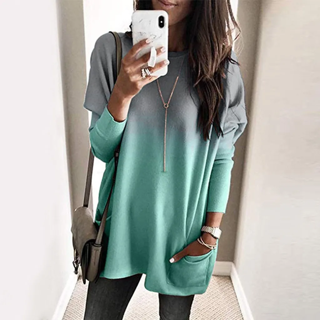Poleras mujer de moda, camiseta mujer, женская футболка, контрастный цвет, длинный рукав, Круглый ворот, карман, Свободный Топ, рубашки, camisa