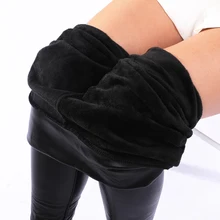 Женские кожаные леггинсы размера плюс, зима, бархатные леггинсы с высокой талией, черные женские леггинсы