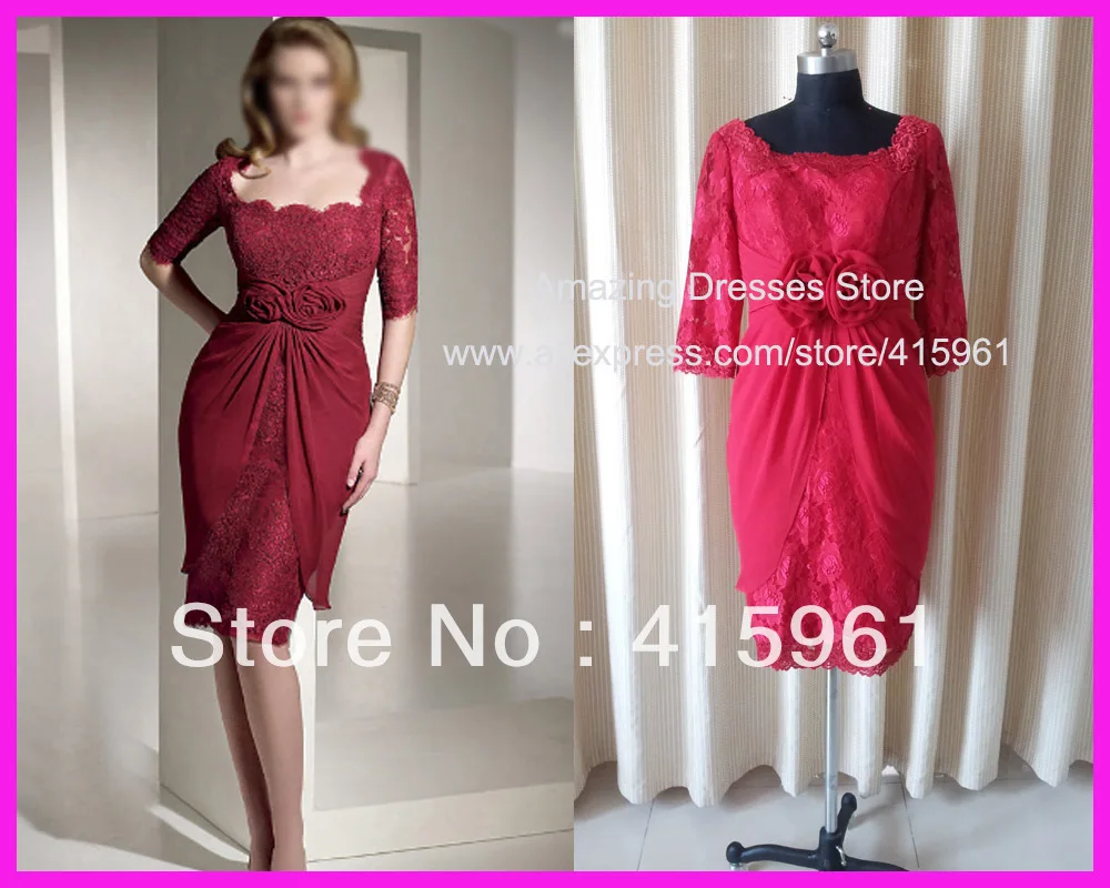 Красный Real Burgundy Bateau Neck Lace Sheath Mother of the Bride Dresses With Long Sleeves E009 - Цвет: Красный