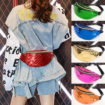 

2020 New Fashion Womens PVC Shinny Waist Packs Lady Glitter Sequins Waist Bag Fanny Pack Pouch Hip Purse Satchel Pure Color Bags