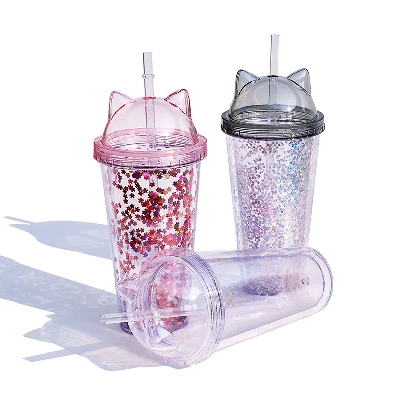 Bouteille D'eau Pailletée Avec Paille - Double Paroi, Oreilles De Chat, 400-500 Ml (lot De 2)