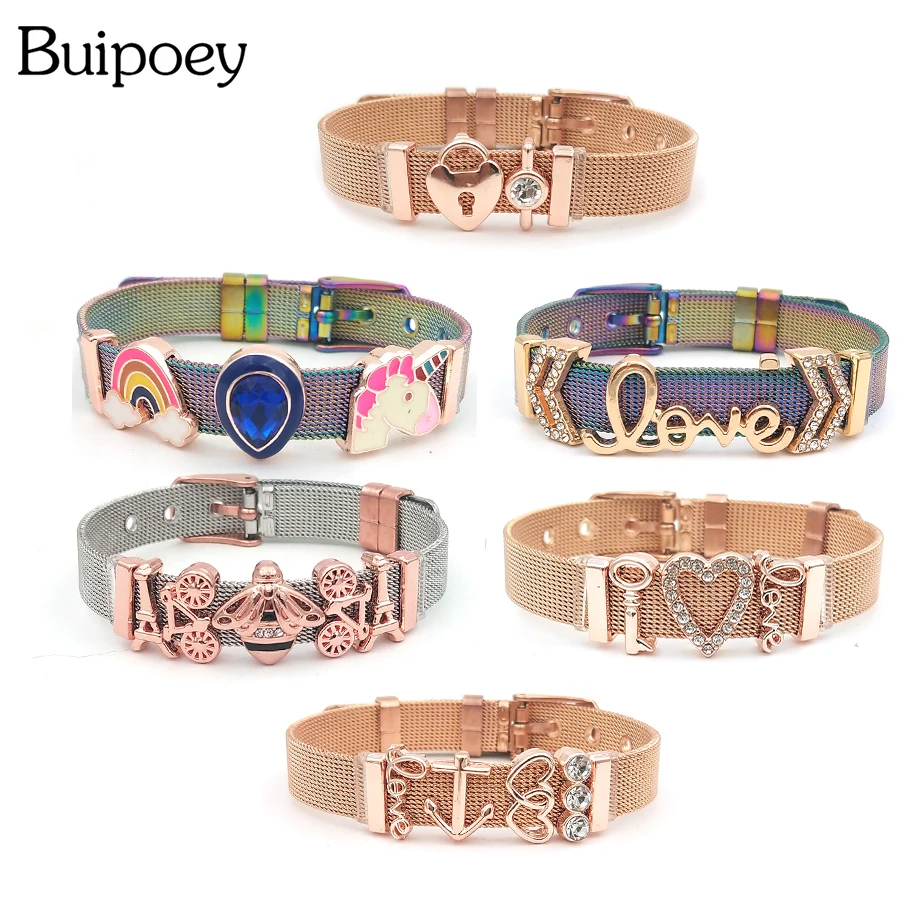 

Buipoey Colorful Stainless Steel Mesh Charms Bracelet For Women Original Fine unicorn Bracelet Bangle Gift Men Hot Sale Jewelry