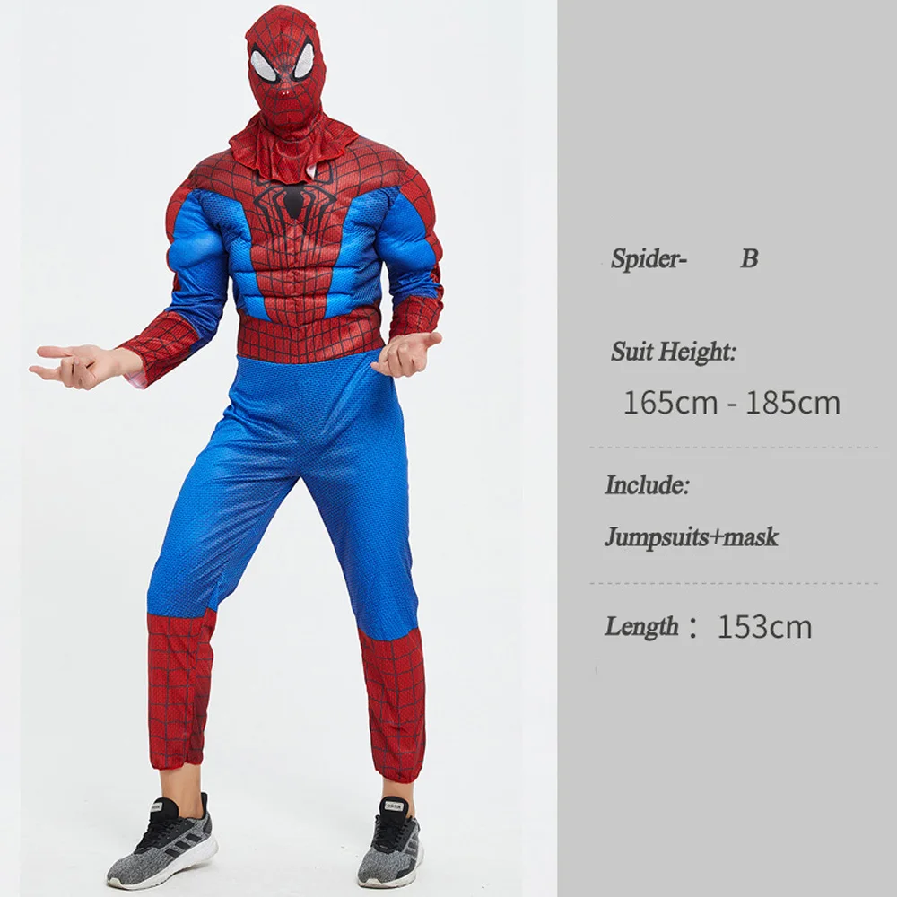 Spider B VEVEFHUANG костюм супергероя косплей для мужчин Капитан Америка Супермен Бэтмен паук Железный Человек Мышцы Халка костюм для Хэллоуина - Цвет: Spider B