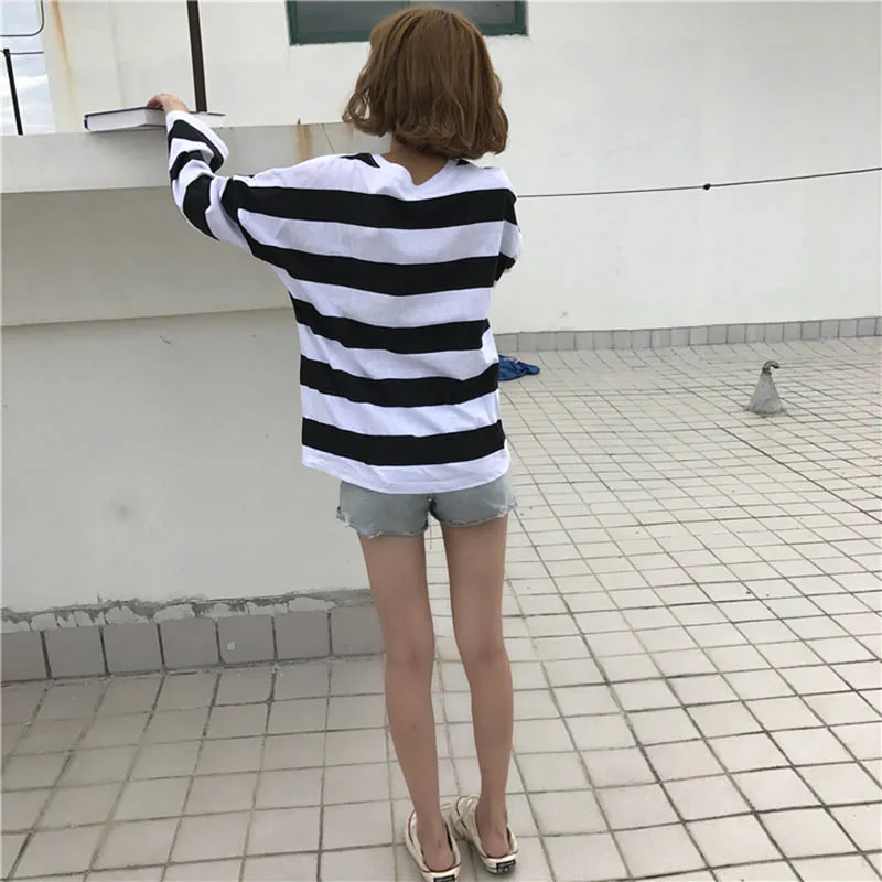 Полосатые футболки женские летние топы с длинным рукавом Harajuku футболка с круглым вырезом повседневные рубашки размера плюс свободная уличная винтажная одежда W070