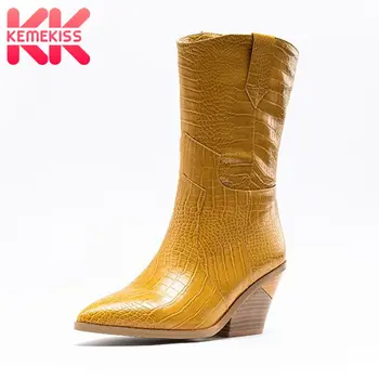 

KemeKiss 10 Color Plus Size 33-46 Women Mid Calf Boots Heels 7cm Fashion Plush Warm Woman Shoes Winer High Heel Botas Footwear