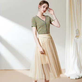 

Fashion 2020 Summer 2Piece Set Women Elegant Lady Casual Outfits V Neck Striped Knitted Top and Mesh Skirt Suit Matching Sets