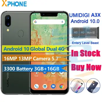 

UMIDIGI A3X Android 10 3GB 16GB 5.7" Smartphone 16MP Camera MT6761 Face Fingerprint ID Global Dual 4G 3 Slots 3300mAh Cell Phone