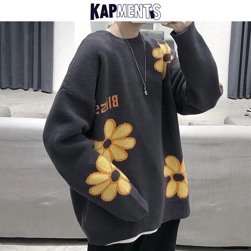 ¡Moda Coreana de 2020! Jersey de punto con flores para hombre de KAPMENTS, jerséis de Harajuku con cuello redondo para otoño, jerséis retro para hombre