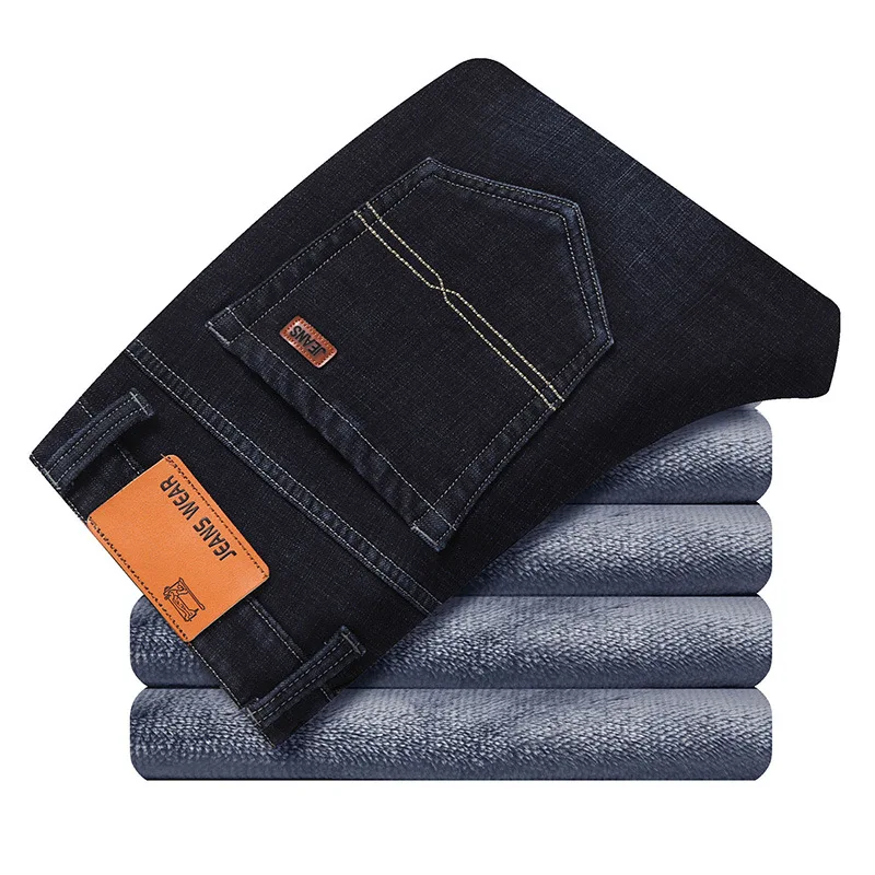 

Winter Stretch Jeans Mens Winter Fleece Denim Pants Men Warm Flannel Male Straight Denim Trousers Thermal Causal Jeans for Men