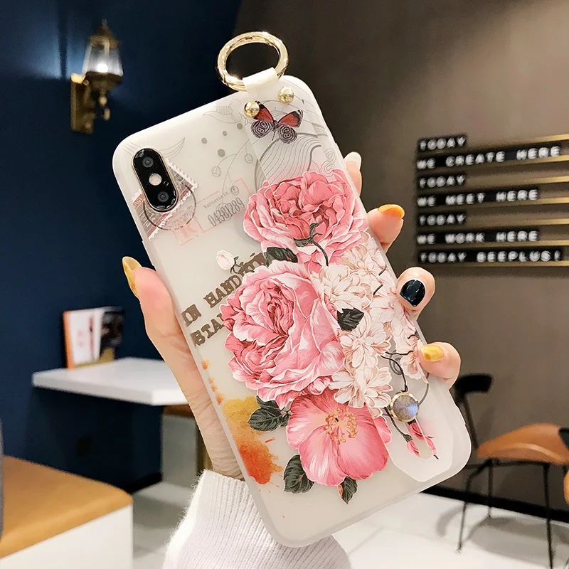 SoCouple Stand Holder Case For iphone X Xs max XR Case For iphone 6 6s 7 8 plus Flower Soft TPU Wrist Strap Phone Case Cover (12)