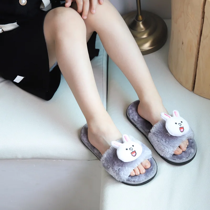 Children Fur Indoor Slippers Shoes Kids Winter Girls Cartoon Rabbit Home Slippers Baby Non-Slip Cartoon Cute Plush Warm Shoes