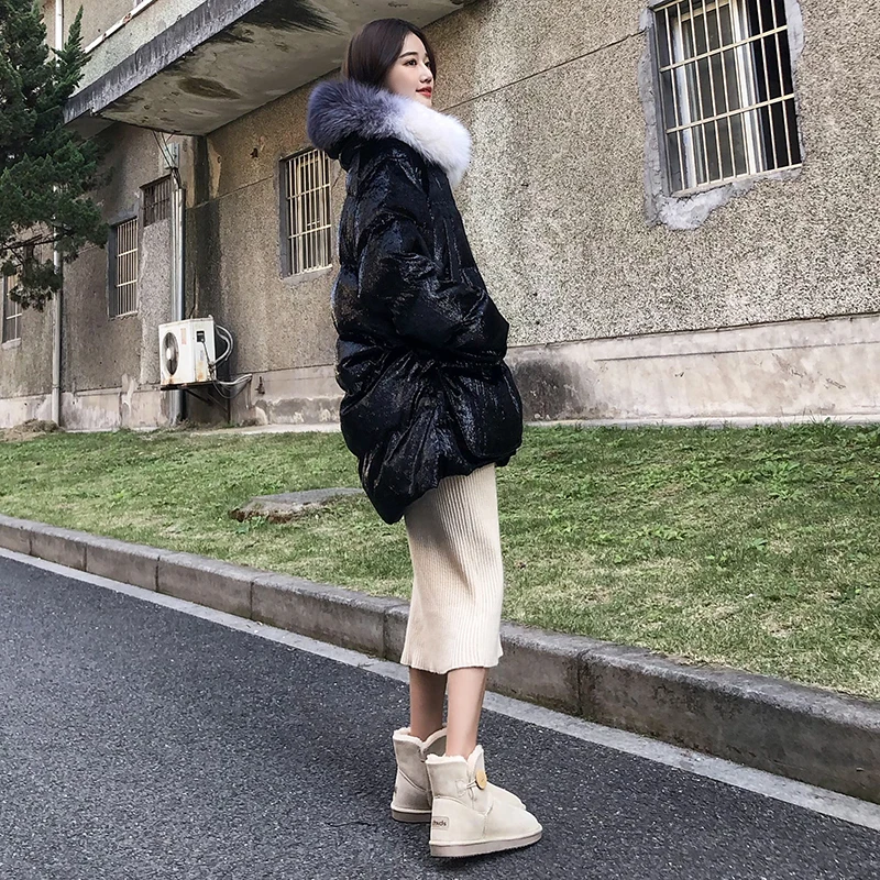 Модные женские Пуховики с воротником из лисьего меха, зимнее пальто, парка для девочек, женская пуховая свободная теплая куртка, пальто размера плюс на утином пуху
