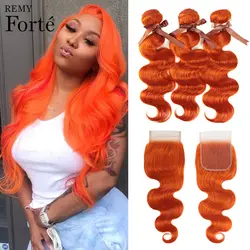 Remy Forte волнистые пучки с закрытием оранжевые пучки с закрытием перуанские накладные волосы пучки 3/4 пучков с закрытием