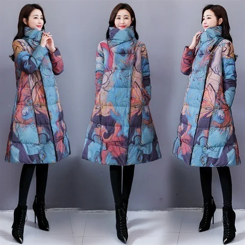 

2019 Winter New Style WOMEN'S Dress Korean-style Stand Collar Long Sleeve Cotton Coat Retro Printed Cotton-padded Jacket Women's