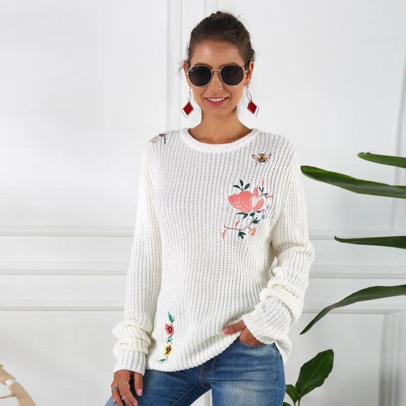 Embroidered Sweater Long-Sleeved Womens Casual Brand Long-Sleeved Women'S Pullover Slim Round Neck Women Sweater Pullover Embroidered Sweater Long-Sleeved Womens Casual Brand Long-Sleeved Women'S Pullover Slim Round Neck Women Sweater Pullover