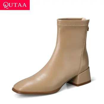 

QUTAA 2021 Cow Leather PU Autumn Winter Ankle Boots Square Heel All Match Women Shoes Round Toe Zipper Short Boots Size 34-39