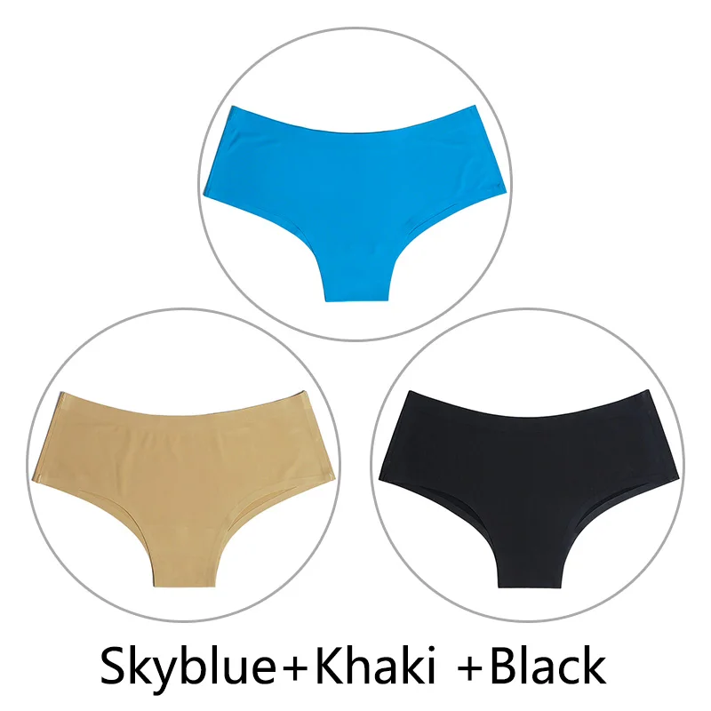 Skyblue Khaki Black 3 шт./лот большой Размеры открытый Шелковый бесшовный трусики со средней посадкой сексуальные трусики, женское нижнее белье, эластичные, Эротическое белье женские SX-L нам Размеры - Цвет: Skyblue Khaki Black